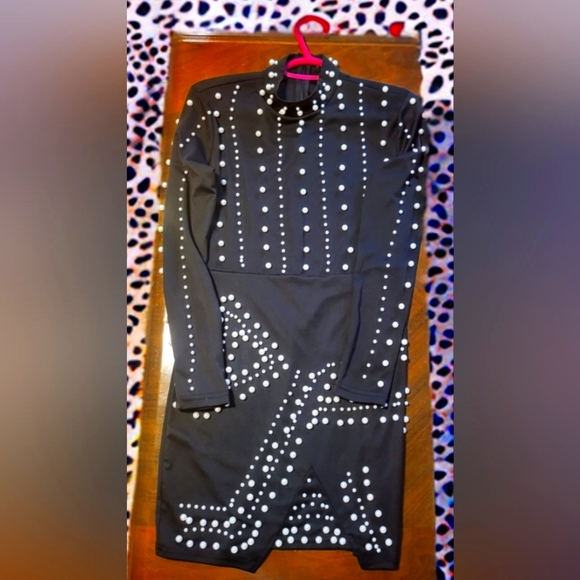 Women's Large CBR Assymetrical Long-Sleeved Pearl-Studded Mini-Dress (WORN ONCE! - Picture 1 of 3